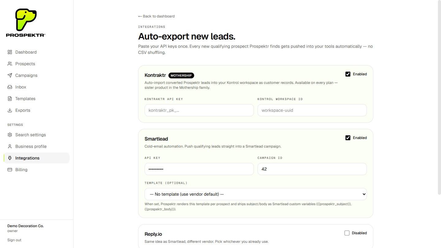 Prospektr integrations settings showing Kontraktr, Smartlead, Reply.io, and webhook output channels