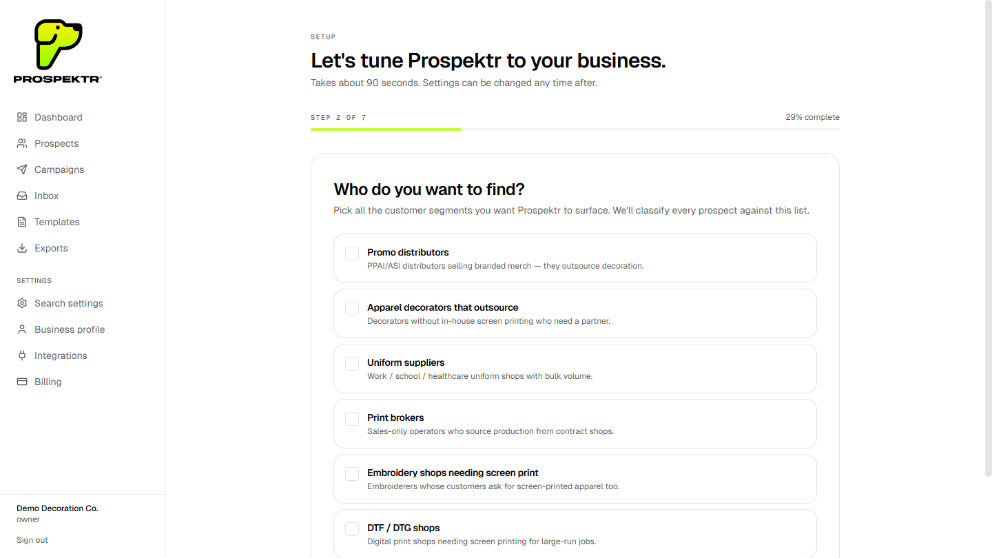 Prospektr setup wizard step 2 showing customer segment selection